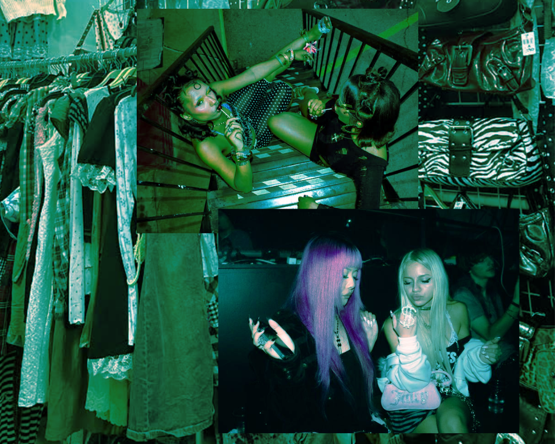 Two young women with neon purple and blonde hair sitting together, possibly in a nightclub, with other people in the background.