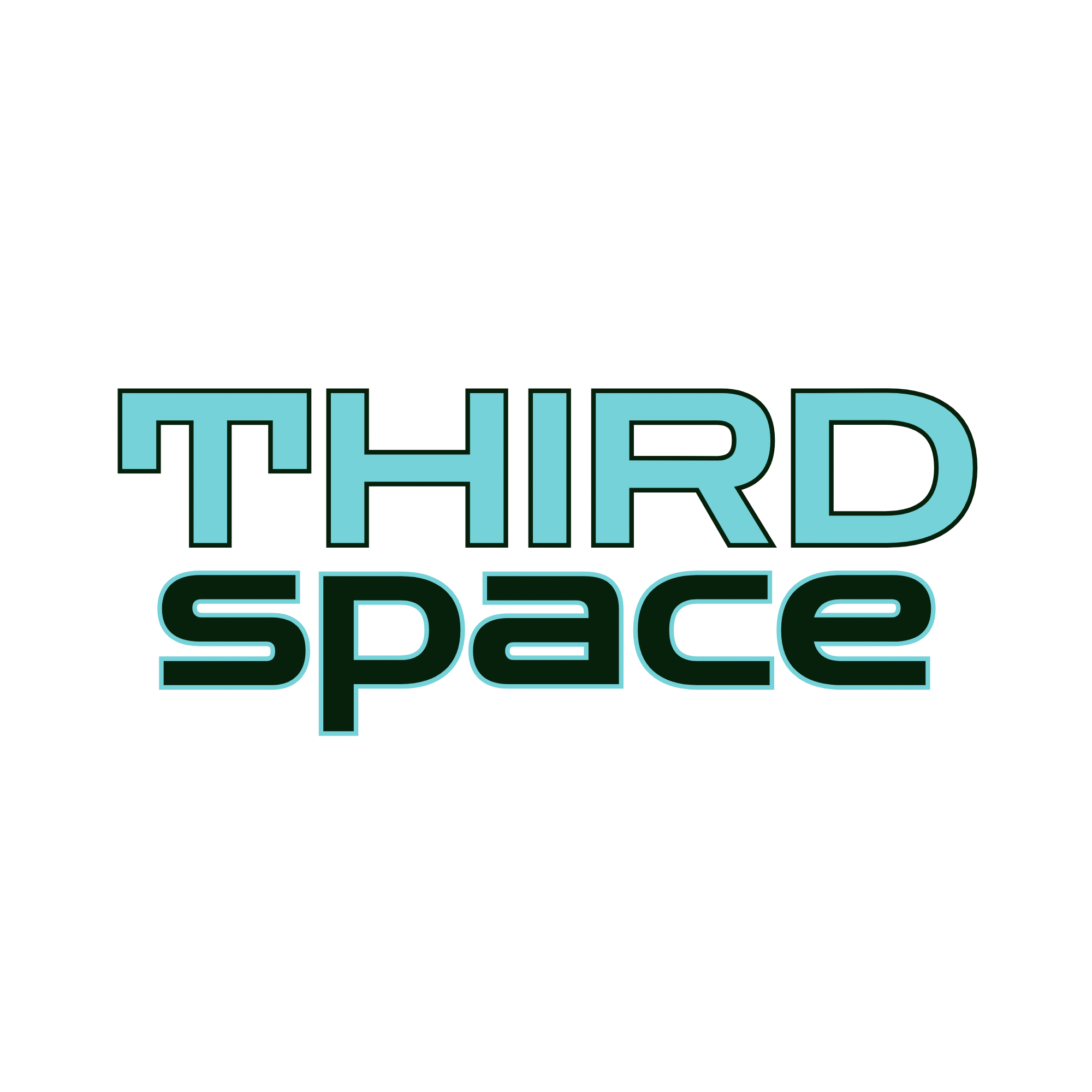 Text reading 'THIRD SPACE' in bright blue outlined font on a black background.