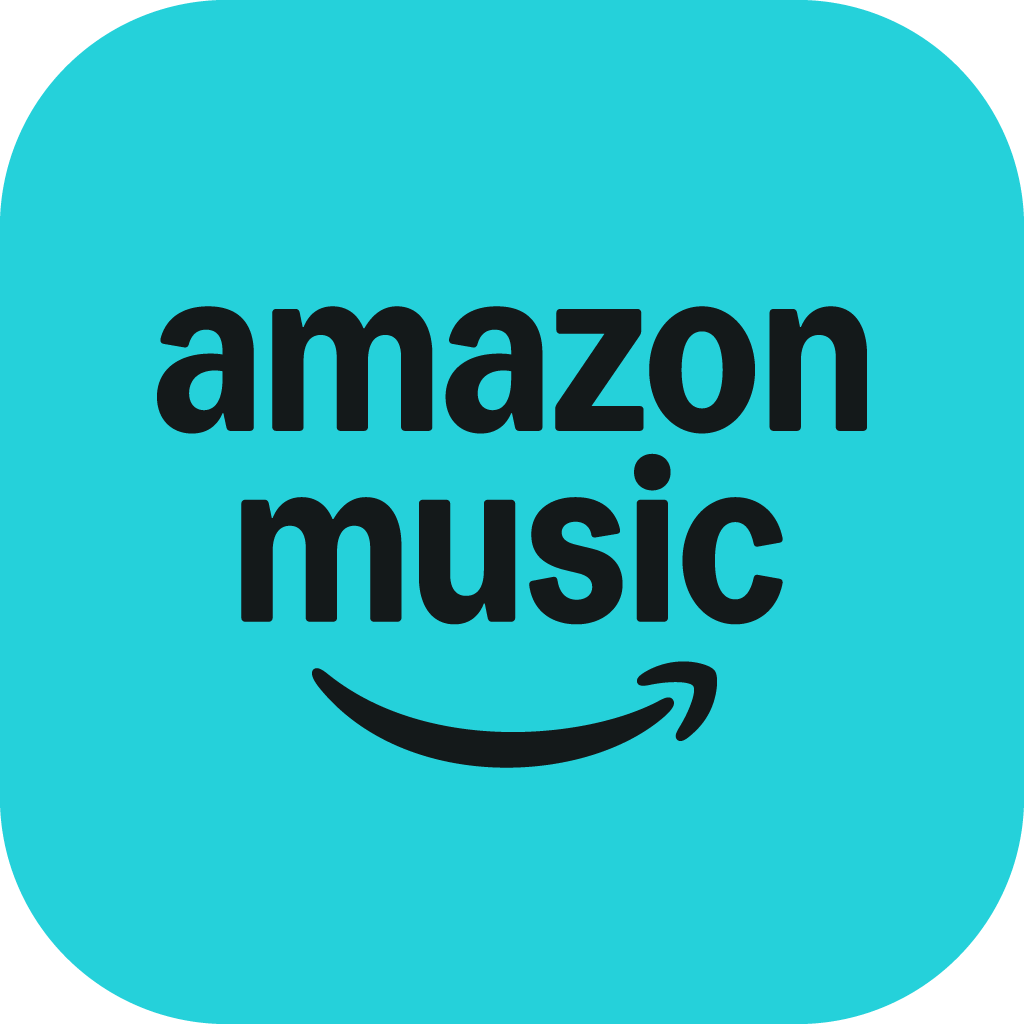 Amazon Music logo with blue background, black text, and a curved arrow underneath.