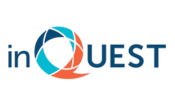 Logo featuring the word 'inQUEST' with a circular design element made of blue, black, and orange segments.