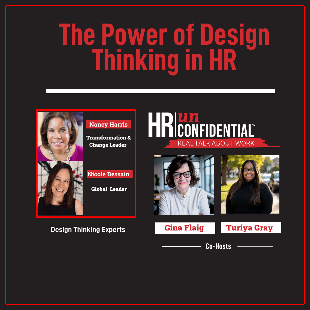 A promotional graphic for a discussion on design thinking in HR featuring photos of five women, names, titles, and co-hosts Gina Flaig and Turiya Gray.