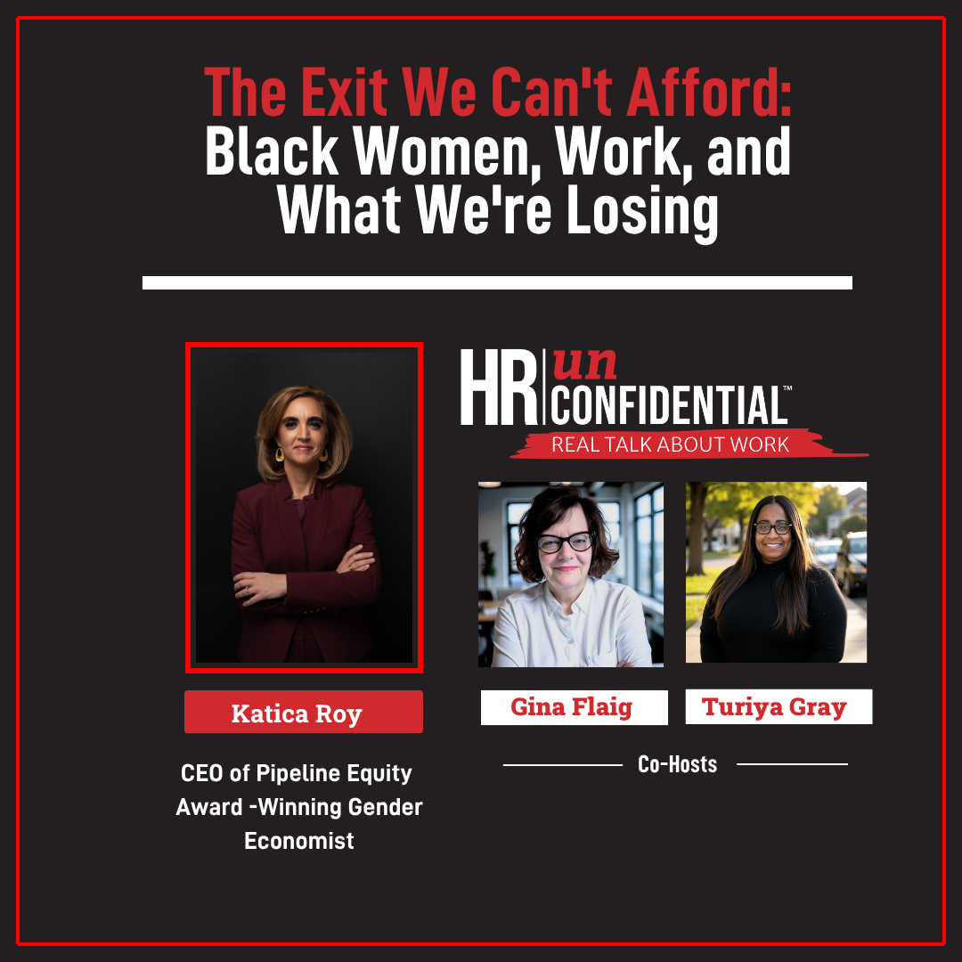 Promotional graphic for a discussion on challenges faced by Black women in the workforce, featuring portraits of Katica Roy, Gina Flaig, and Turiya Gray, with text emphasizing the topic and the speakers' names and titles.