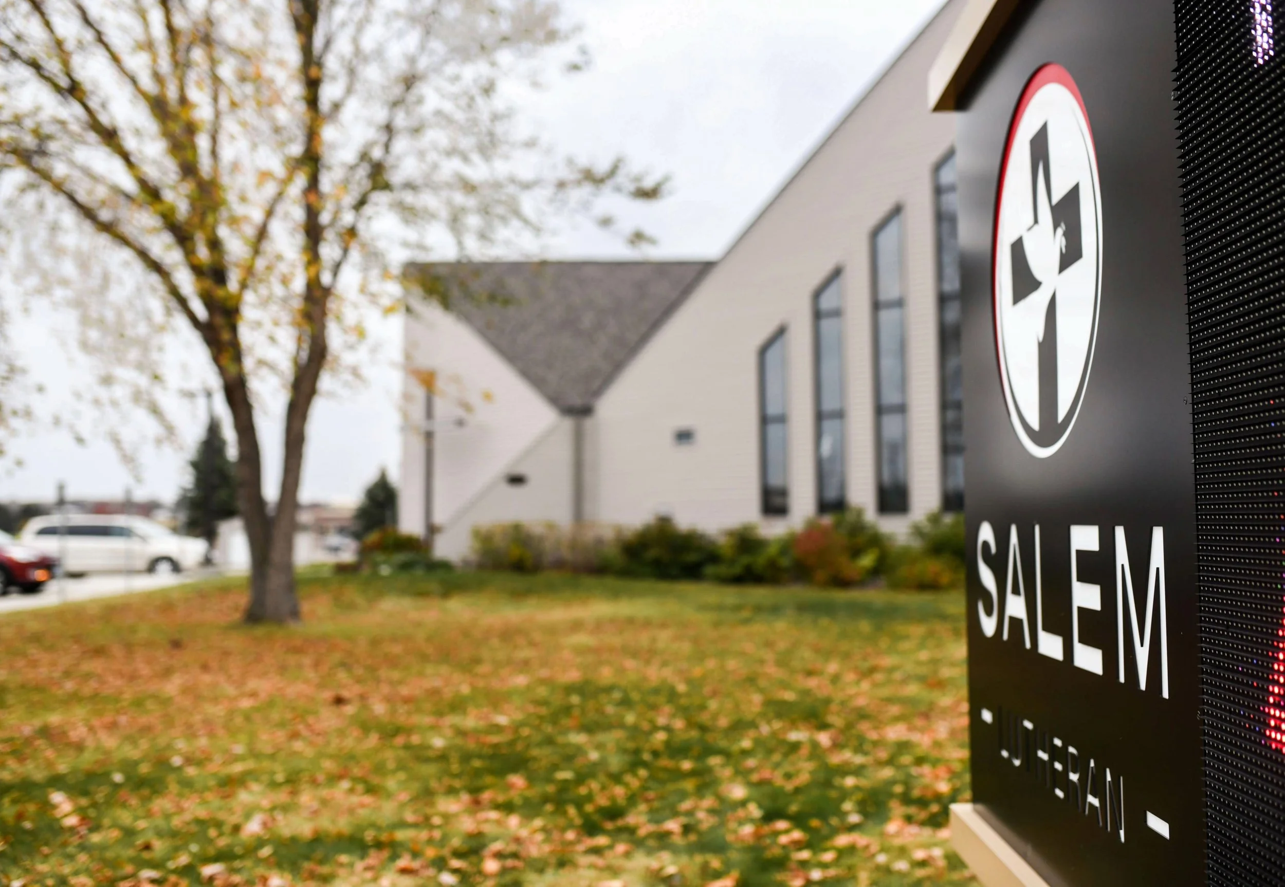 A sign with the text 'SALE' and an indicating arrow, situated outdoors near trees and a building, with cars in the background during autumn.