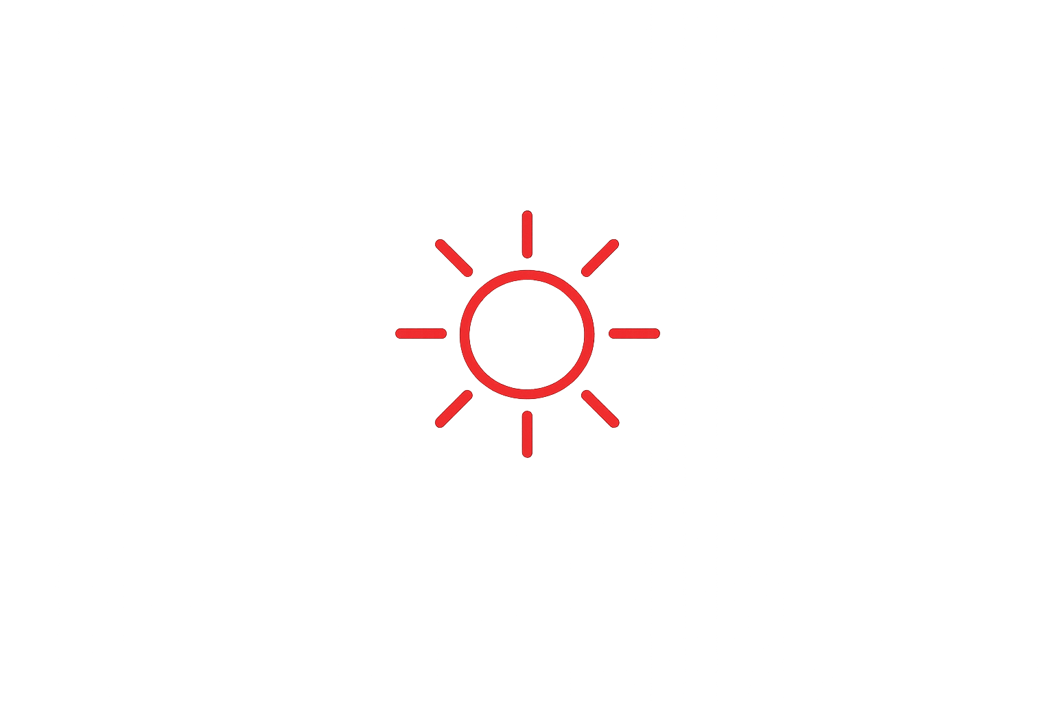 Red illuminated light indicator with a circle in the center, surrounded by 8 lines radiating outward on a black background.