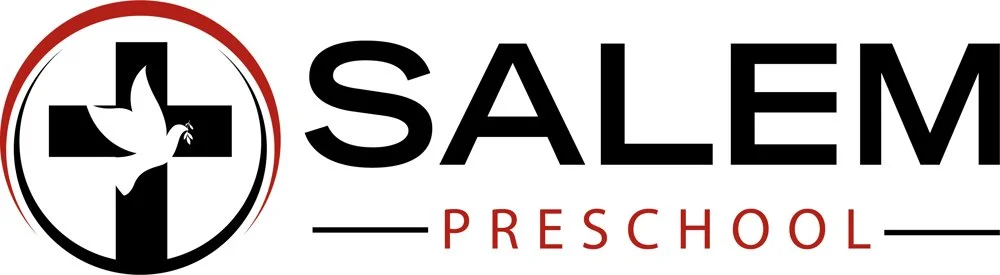 Logo for Salem Preschool featuring a black cross with a white dove within a red circle and the words "SALEM PRESCHOOL" in black and red.