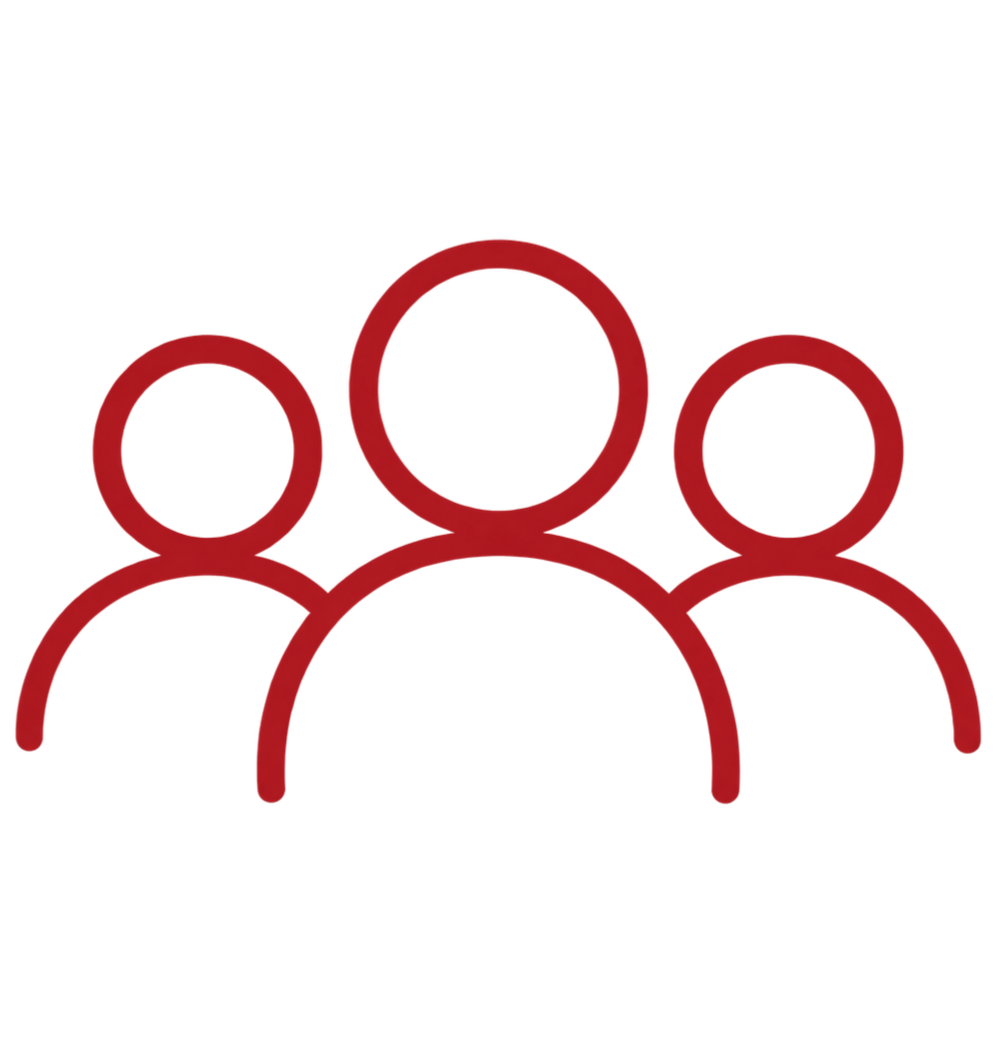Icon of three stylized people in red outline, representing a group or community.