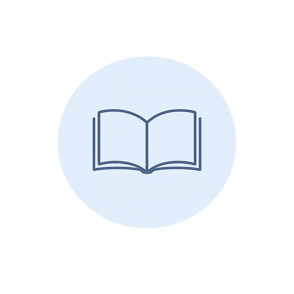 Icon of an open book inside a light blue circle.