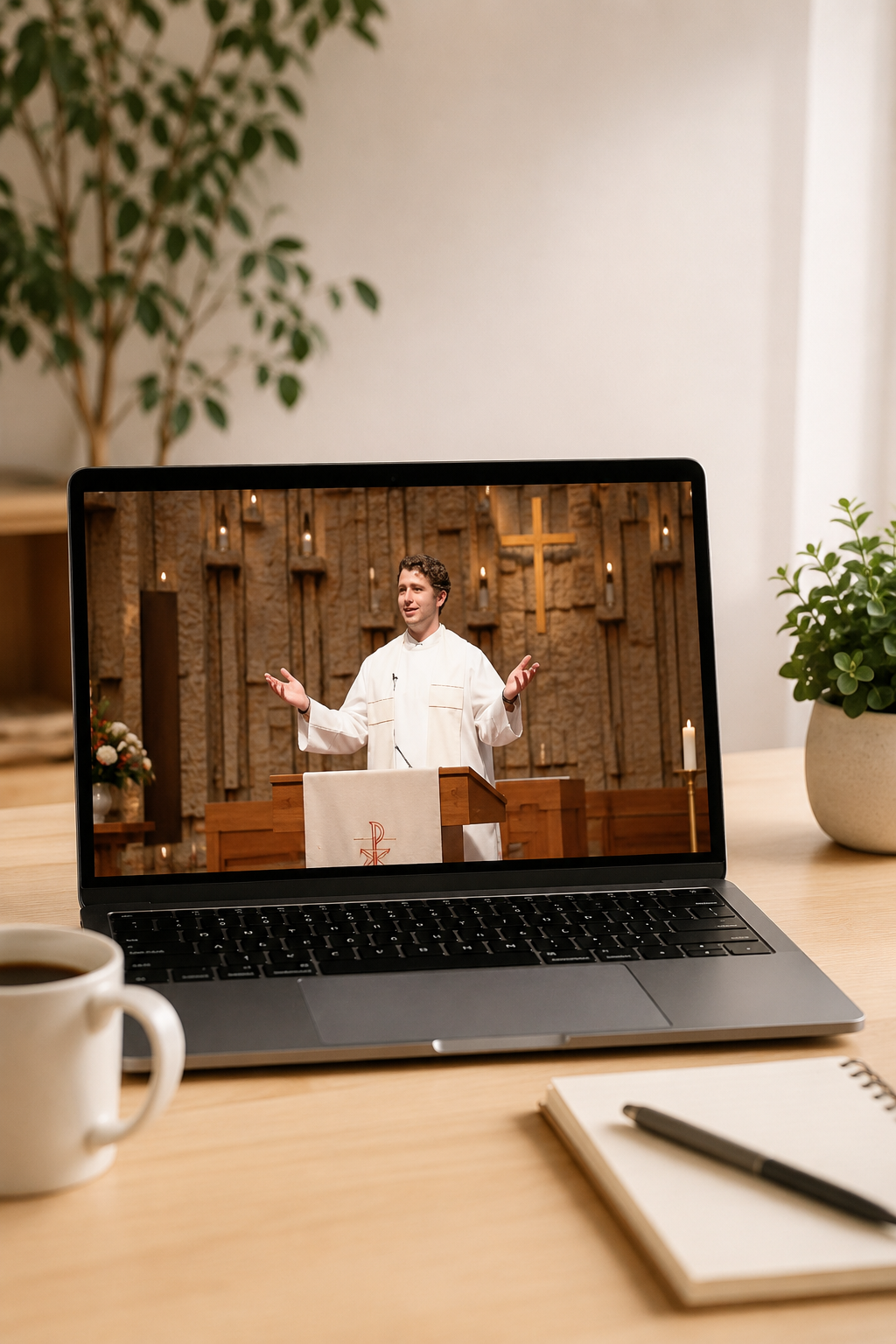 A laptop on a desk showing a man in white robes speaking at a church pulpit with a cross in the background. The desk also has a mug of coffee, a notebook with a pen, and a potted plant.