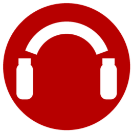 Red circular sign with a white headphone symbol in the center.