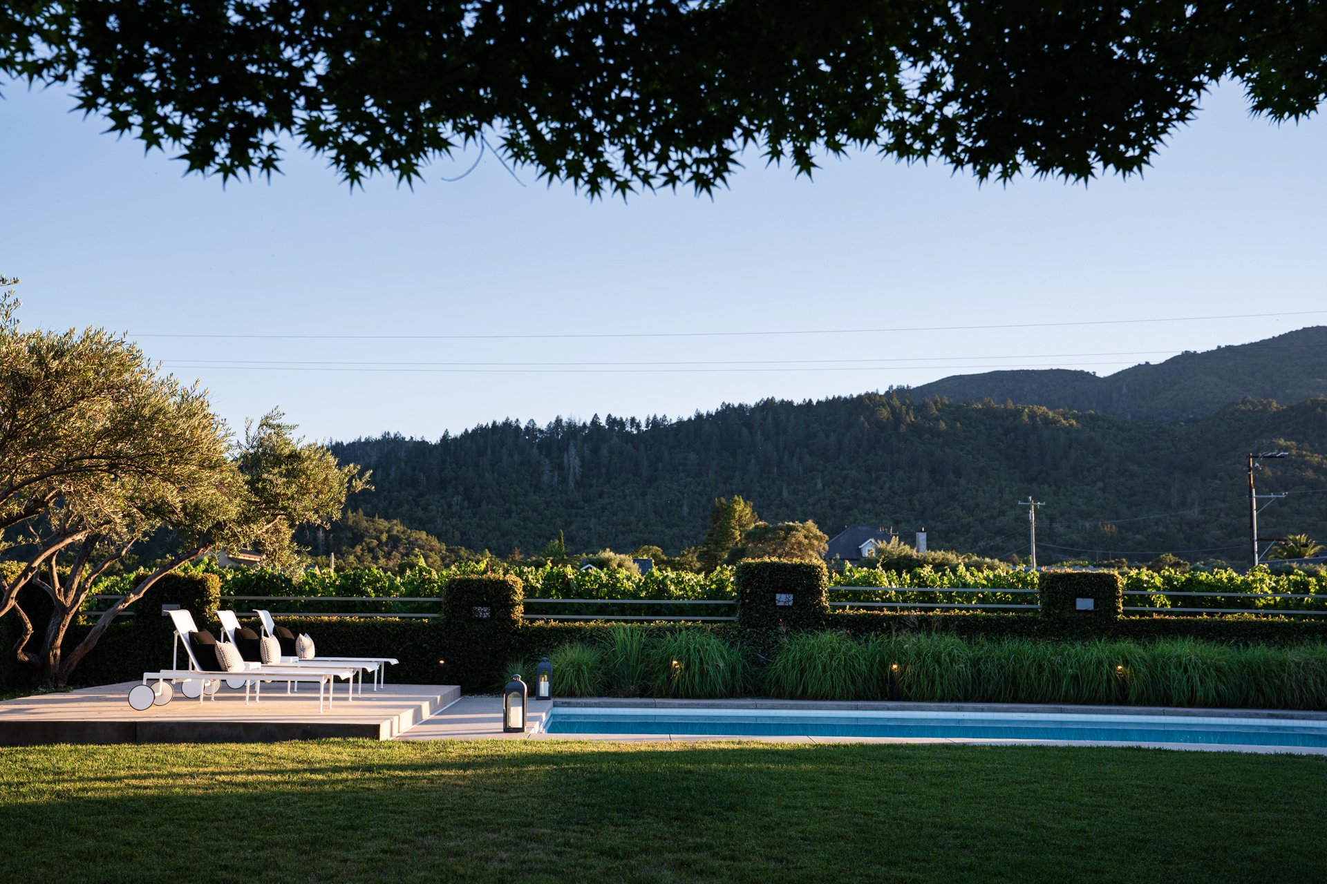 A backyard with a swimming pool, outdoor lounge chairs, lush green grass, and garden plants, with mountains and trees in the background under a clear blue sky.