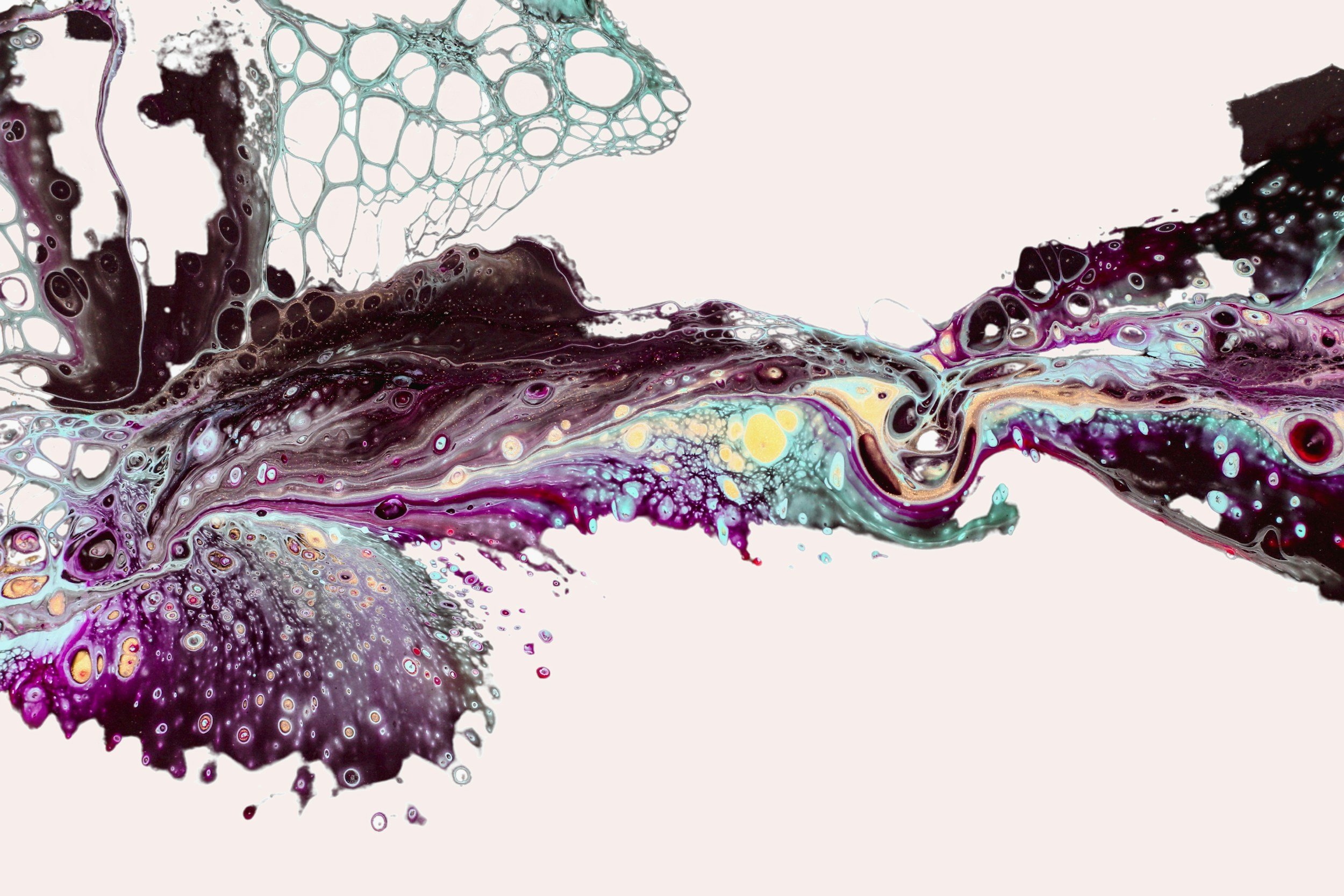 Abstract fluid art with purple, black, teal, and yellow colors creating intricate patterns and cellular structures.