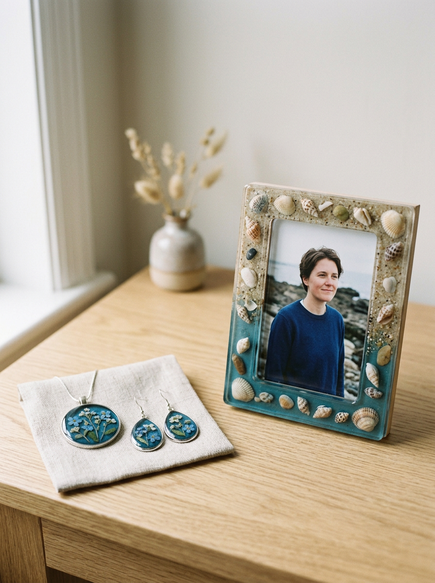 A wooden table with a resin photo frame decorated with seashells, a jewelry set with matching earrings and pendant featuring blue flowers, and a white vase with dried plants near a window.