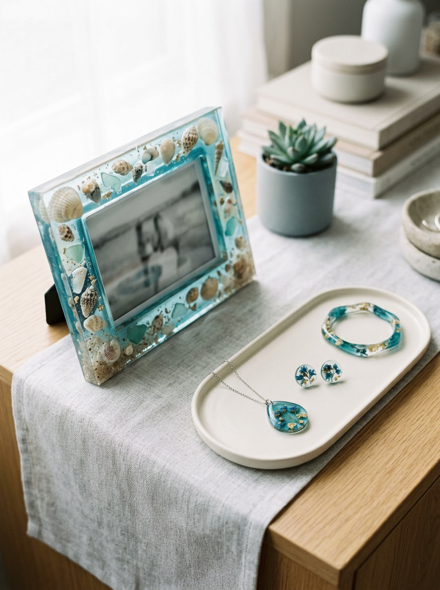 Decorative seashell photo frame made with resin, jewelry set with blue floral design, white tray, potted succulent plant, books, and decorative bowls on a wooden table with white table runner.