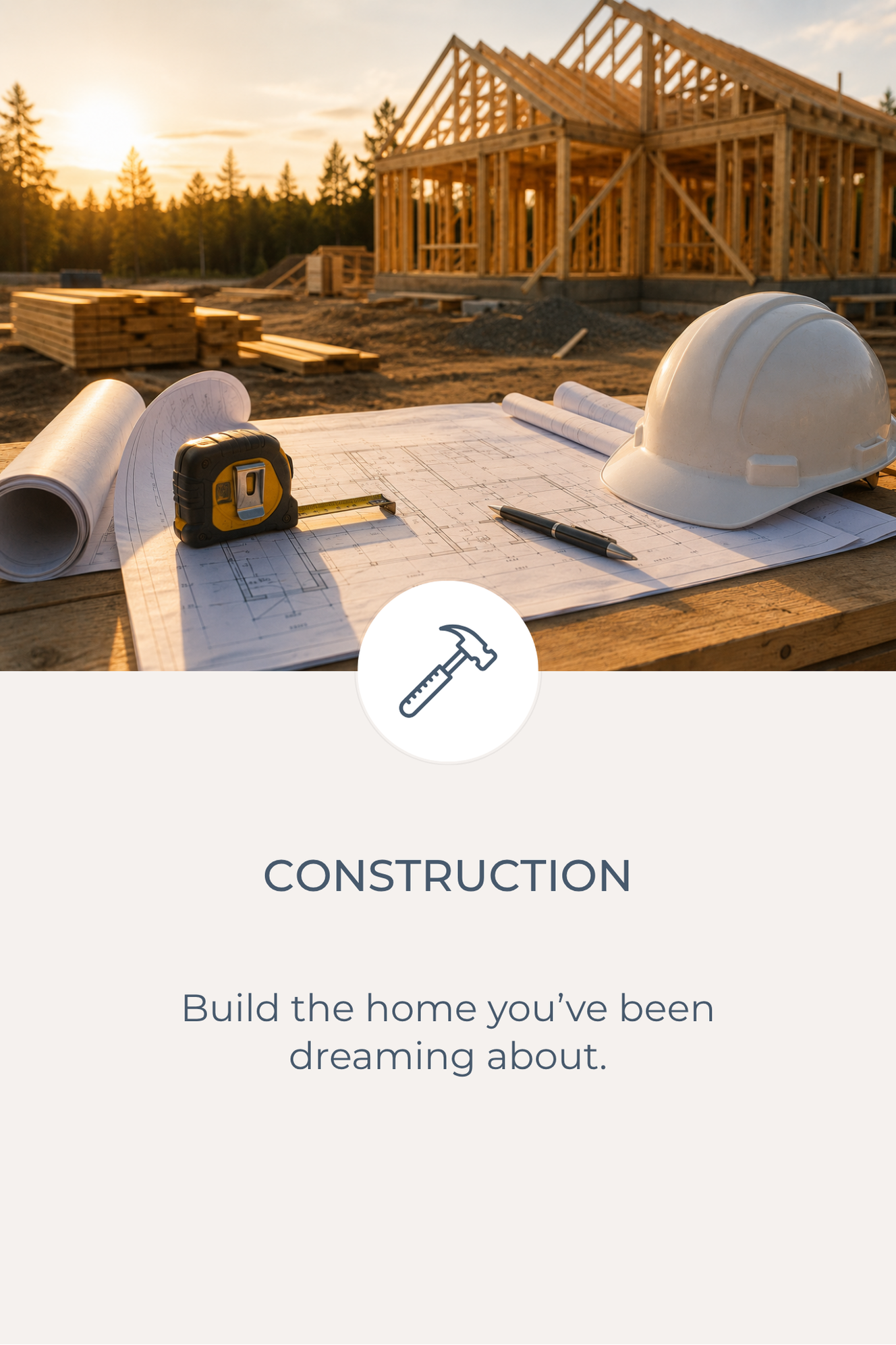 Construction site with a framing house under construction, blueprints, and safety hard hat on a work table, during sunset.
