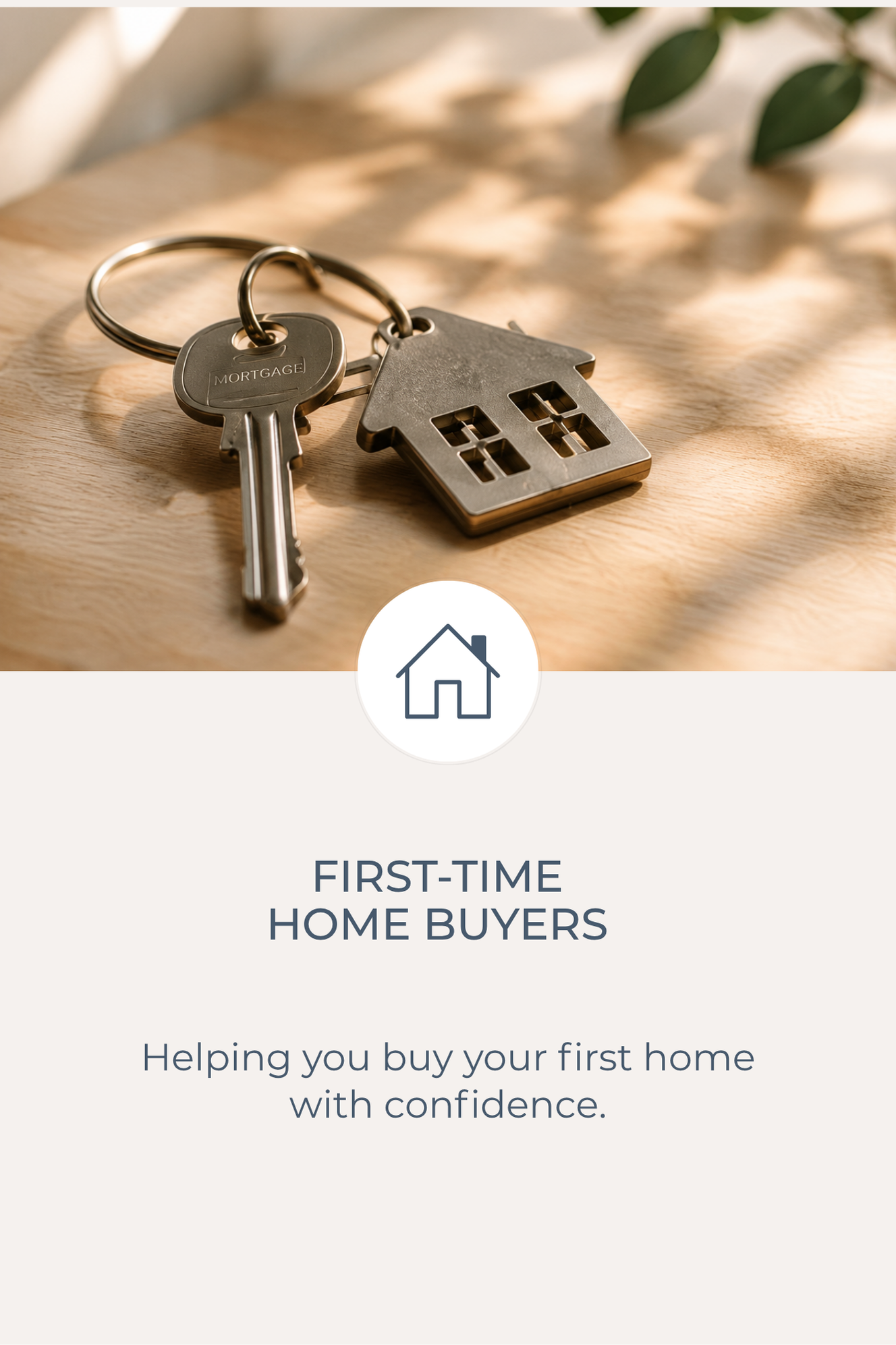 Close-up of a keys to your new home or cottage and a keychain in the shape of a house on a wooden surface, with shadows and leaves in the background.
