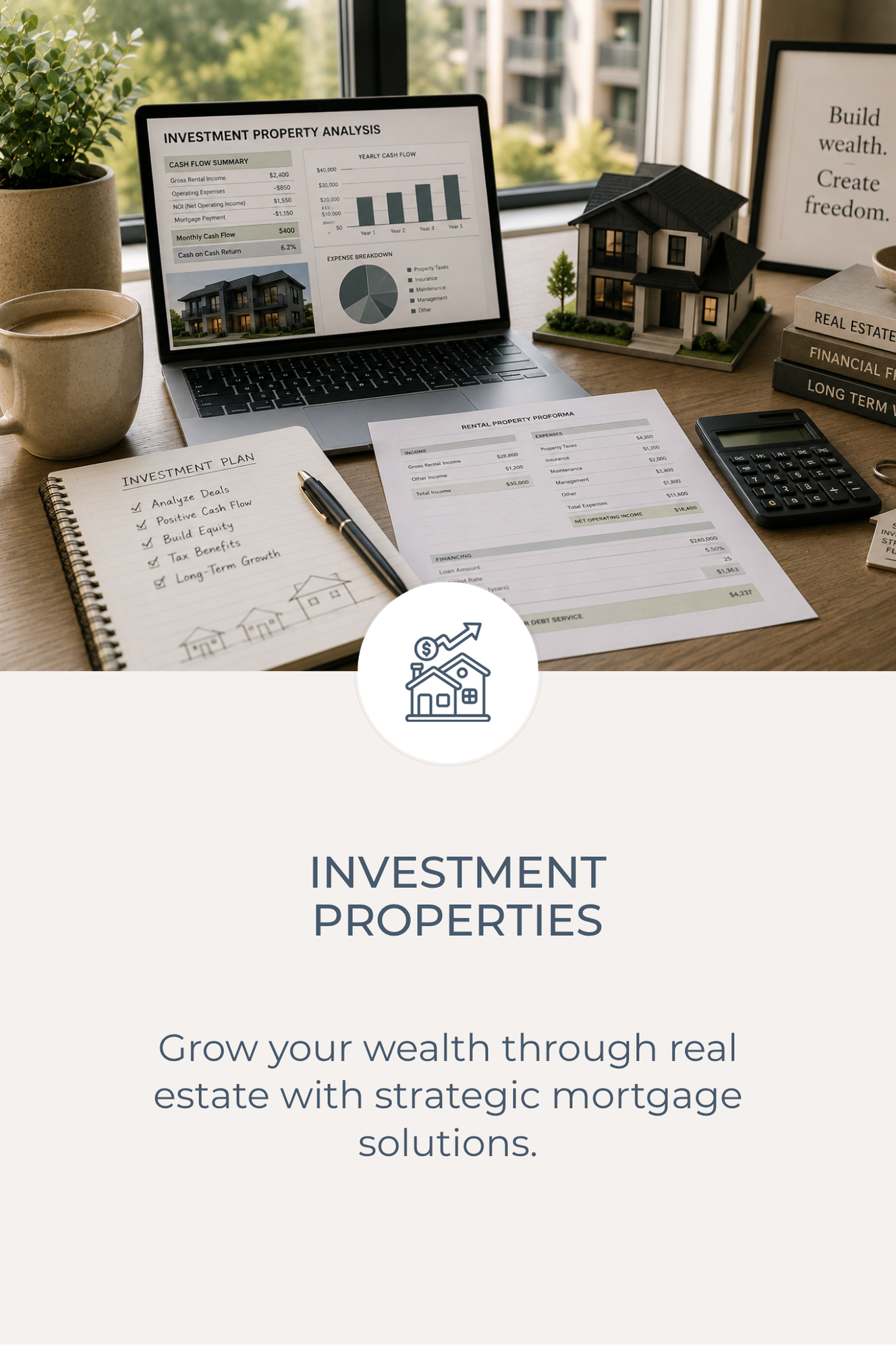 Laptop displaying investment property analysis charts on a desk with a model house, books, notebooks, a pen, a calculator, and a framed quote that reads 'Build wealth. Create freedom.' in the background. Rental or investment property analysis.