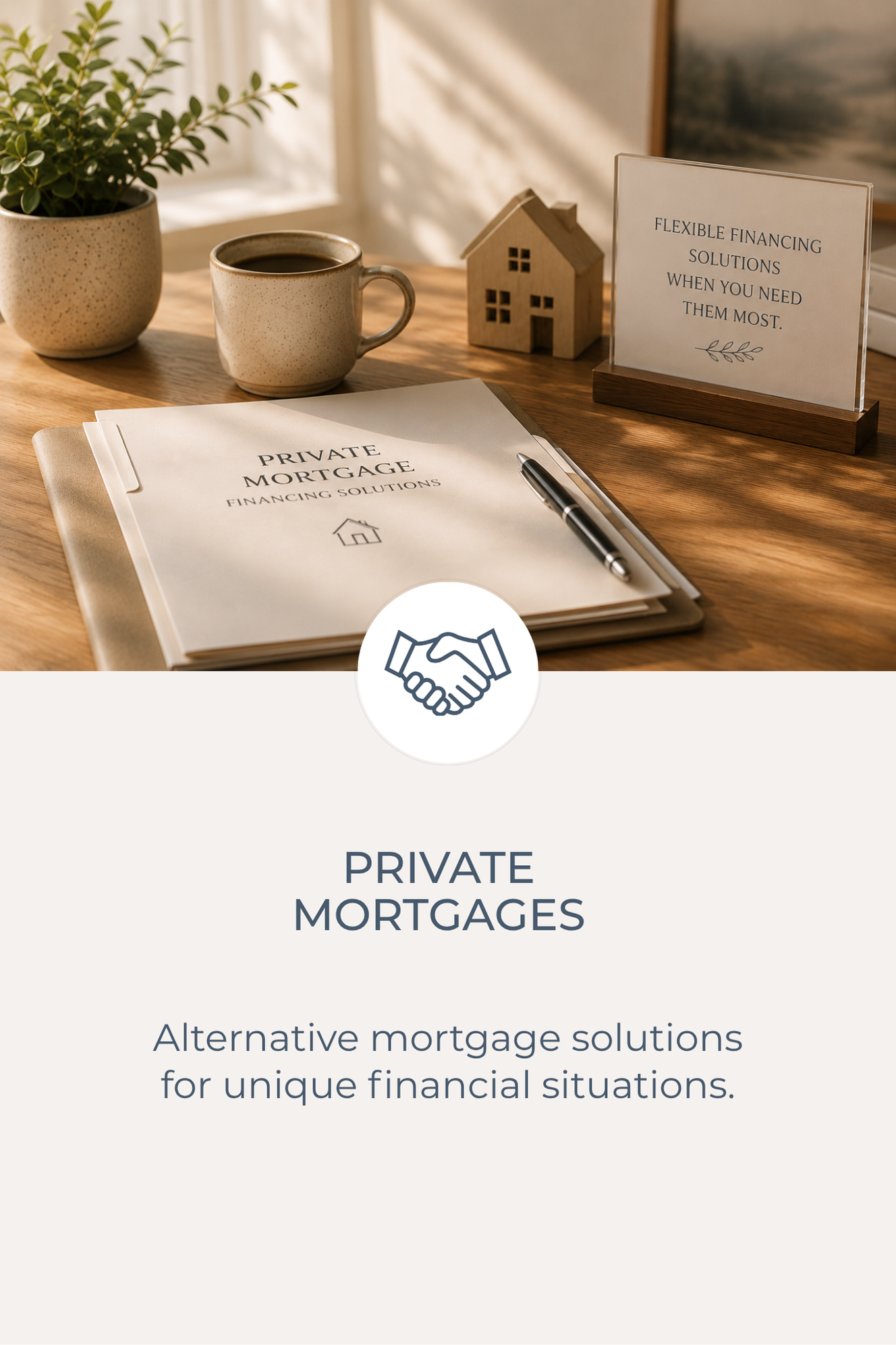 Table with a potted plant, a mug of coffee, a small wooden house, and a sign that reads 'Flexible financing solutions when you need them most.'