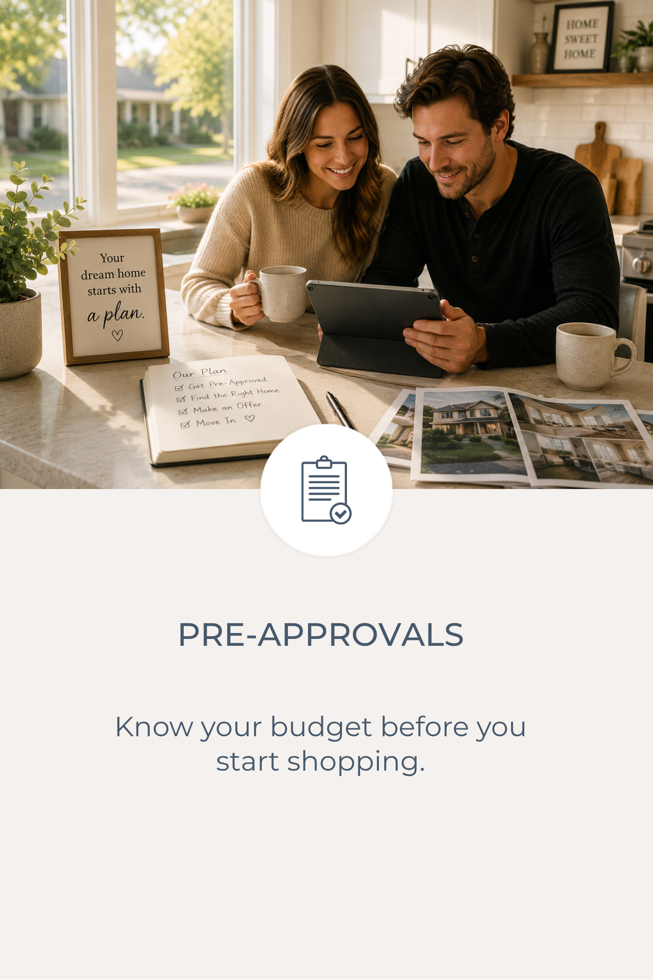 A smiling couple looking at a tablet in a kitchen, with house plans and a sign that says "Your dream home starts with a plan" on the counter, and sunlight coming through the window. Renovation.