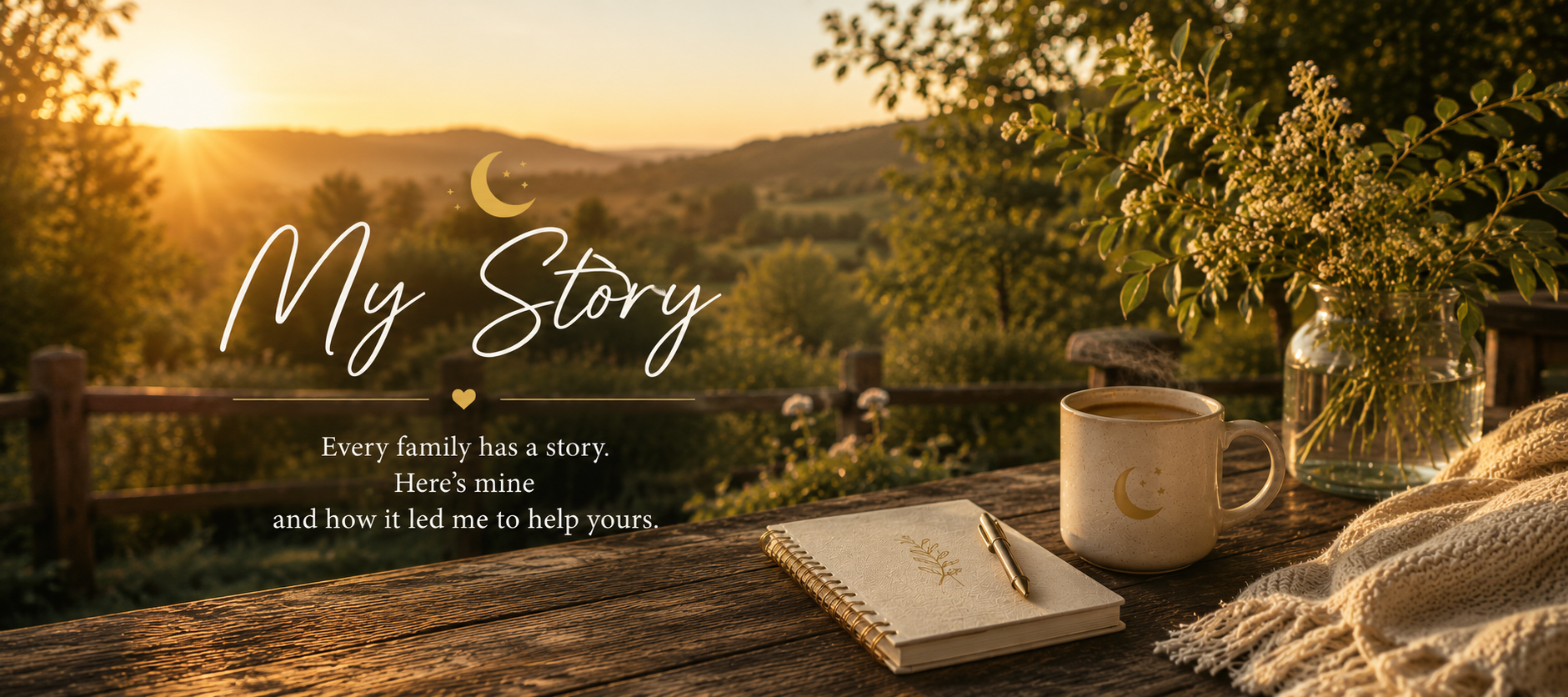 A scenic outdoor scene at sunset with a wooden table holding a notebook, a gold pen, a mug with moon and stars design, and a vase with white flowers. Overlaid text says 'My Story: Every family has a story. Here’s mine and how it led me to help yours.'