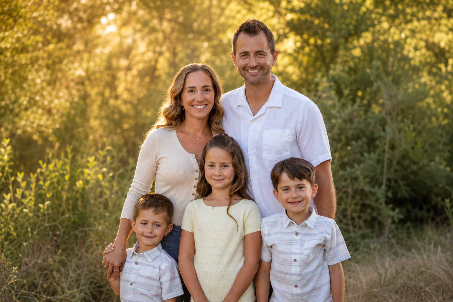 Family of five standing outdoors on a sunny day, smiling. The group includes a woman, a man, and three children, with trees and sunlight in the background.