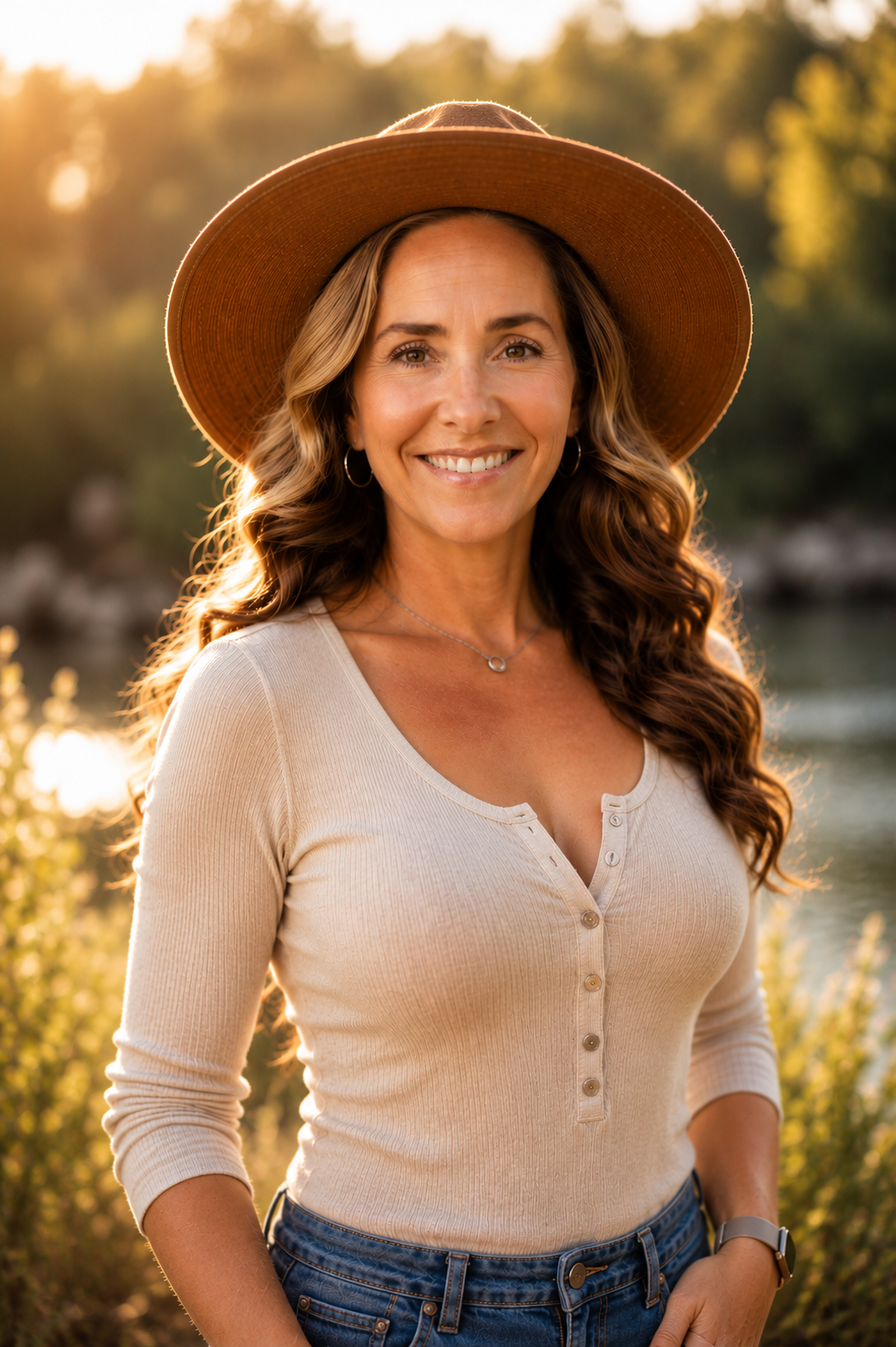 A woman with long wavy brown hair wearing a wide-brimmed brown hat, a beige button-up top, and blue jeans, standing outdoors during sunset with trees and water in the background.