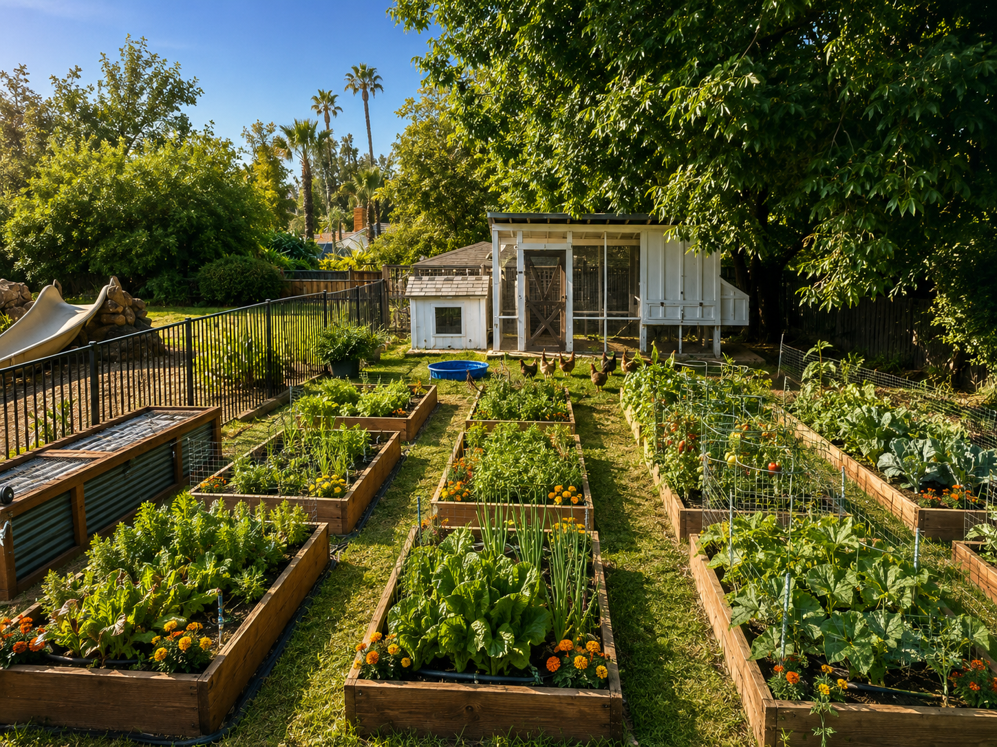 A backyard garden with raised wooden beds filled with various vegetables and flowers, a chicken coop with chickens, trees, and a slide, under a bright blue sky.