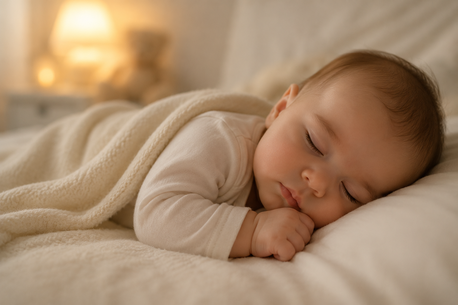 A young child sleeping peacefully on a bed, covered with a soft, cream-colored blanket in a warmly lit room.