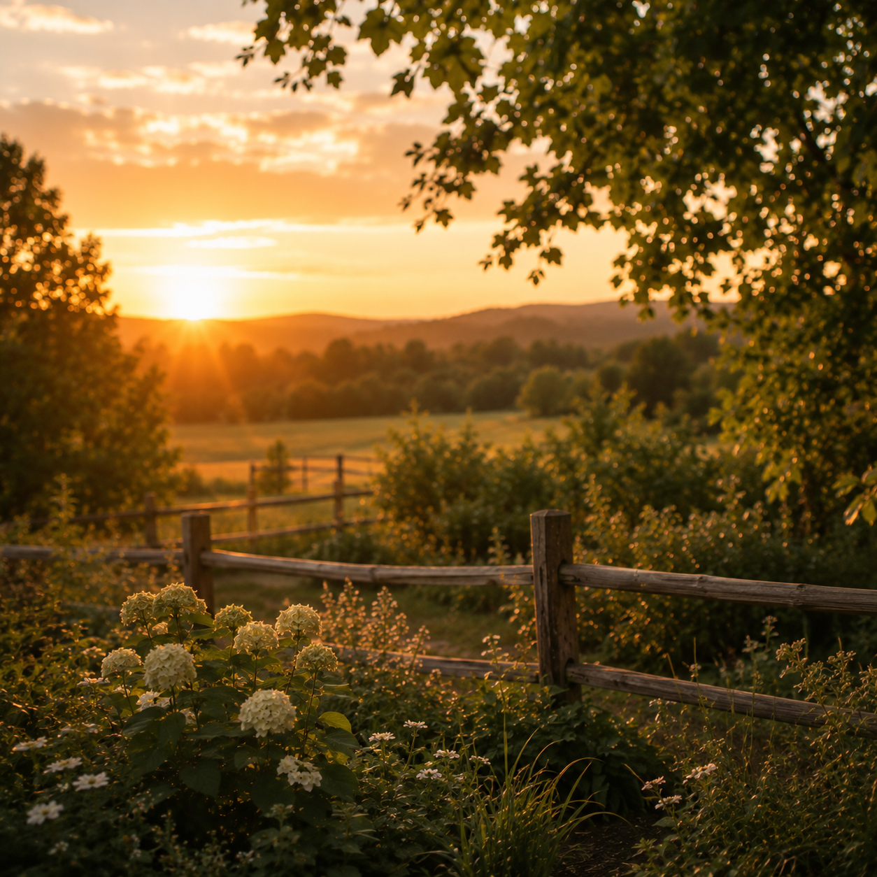 Sunset over a rural landscape with trees, a wooden fence, and flowering bushes in the foreground.