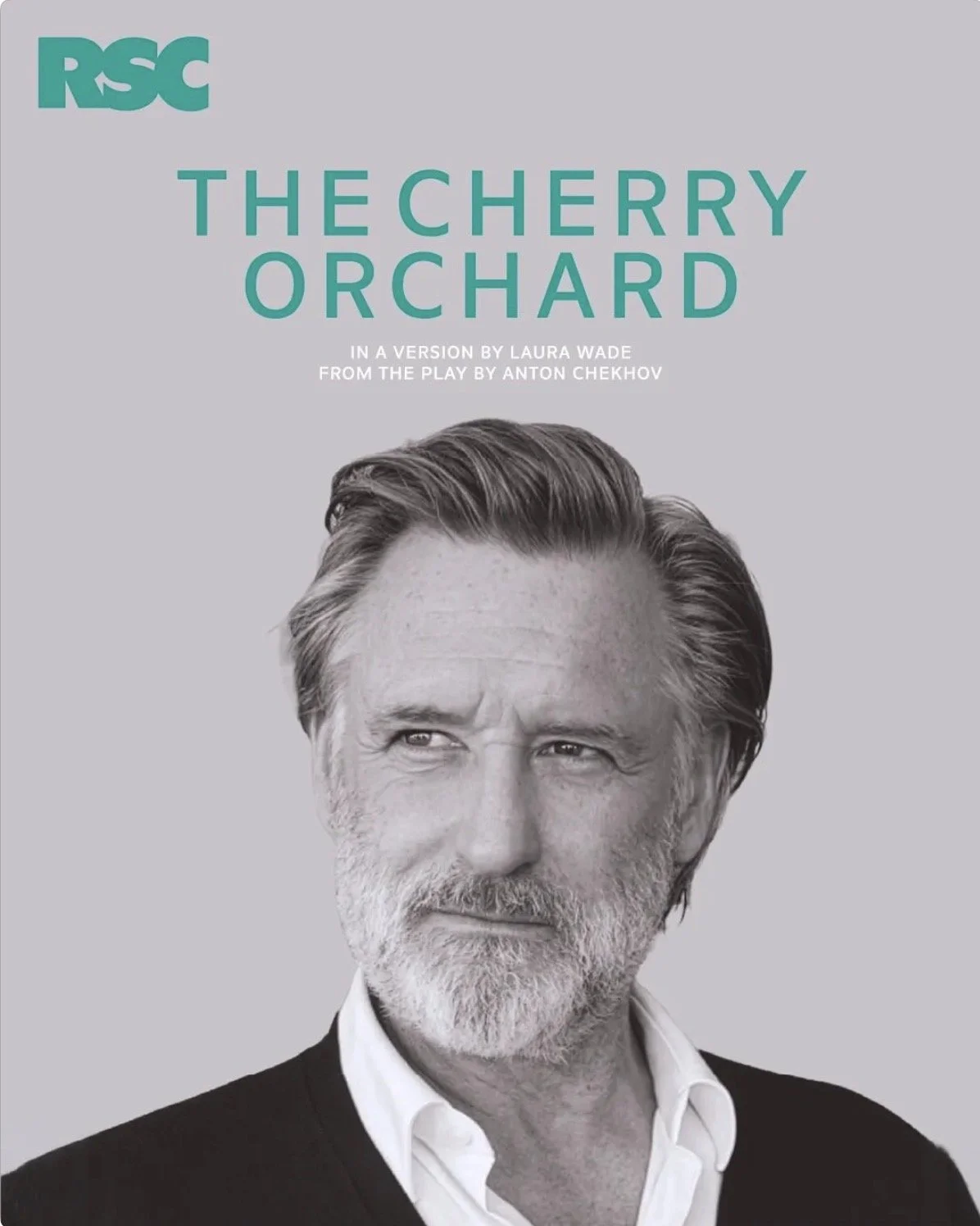 Poster for the play "The Cherry Orchard" with a black-and-white photograph of a middle-aged man with gray hair and beard, wearing a white shirt and dark sweater, against a light gray background.