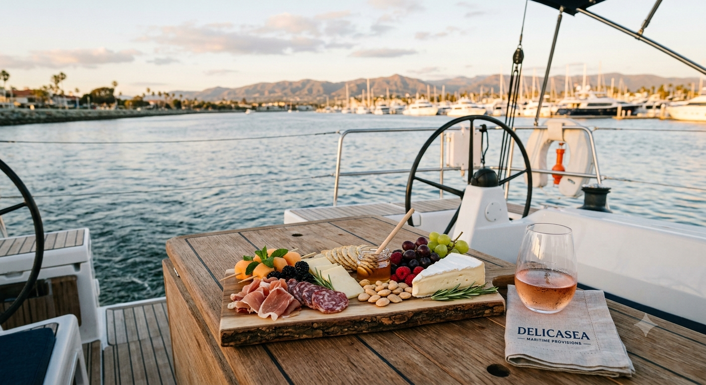 Charcuterie board with cheese, grapes, nuts, and meats on a table next to a glass of rosé wine on a boat docked in Marina del Rey with mountains in the background.
