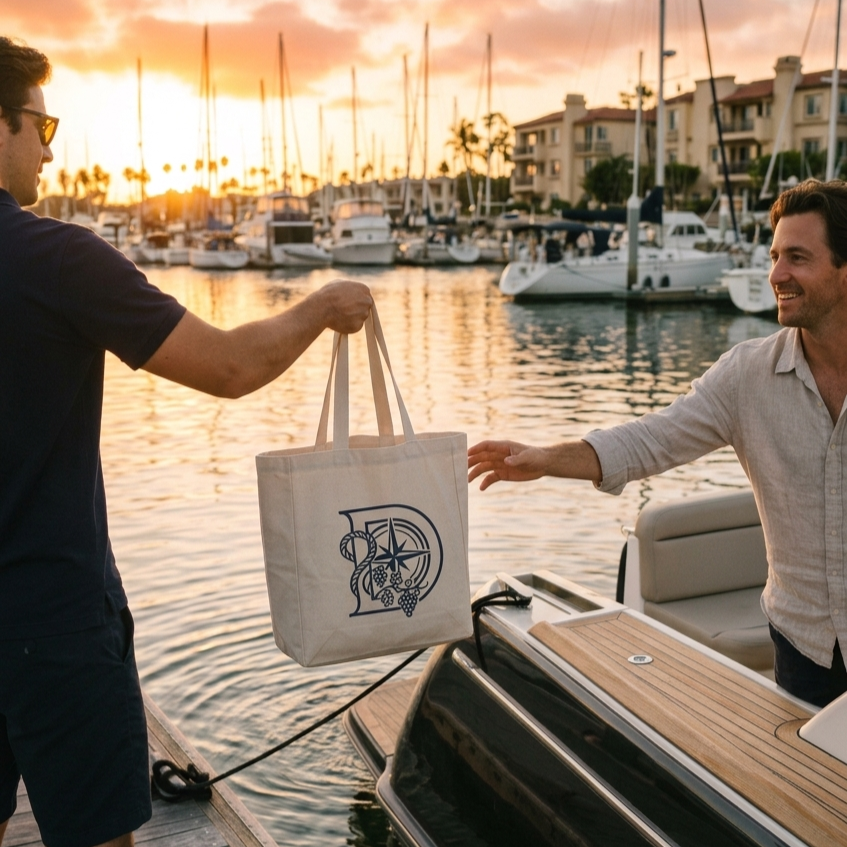 A man on a dock receiving a tote bag from another man on a boat during sunset in Marina del Rey with sailboats and yachts in the background.
