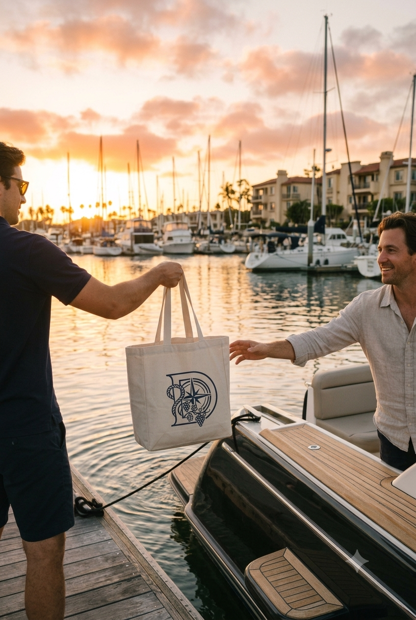 A man on a dock receiving a tote bag from another man on a boat during sunset in Marina del Rey with sailboats and yachts in the background.