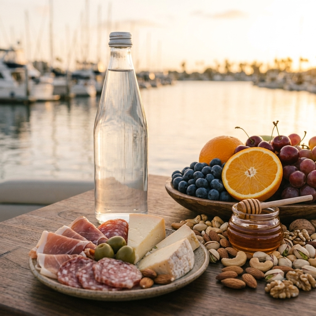 A bottle of water, a bowl of fresh fruits including oranges, grapes, and blueberries, a jar of honey with a honey dipper, an assortment of nuts, and a cheese platter with various cheeses, meats, and olives, set on a wooden table near a marina at sunset.