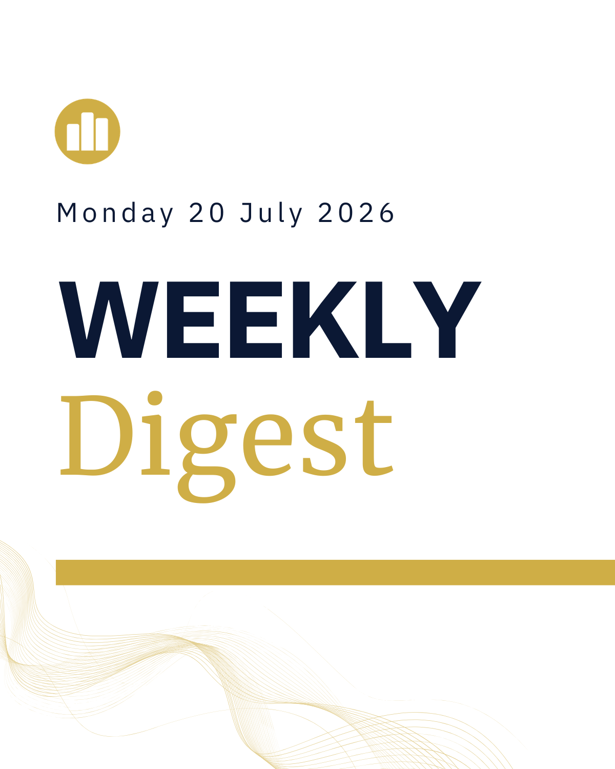 Weekly digest cover page with date July 20, 2026, featuring a gold and navy color scheme with a bar chart icon.