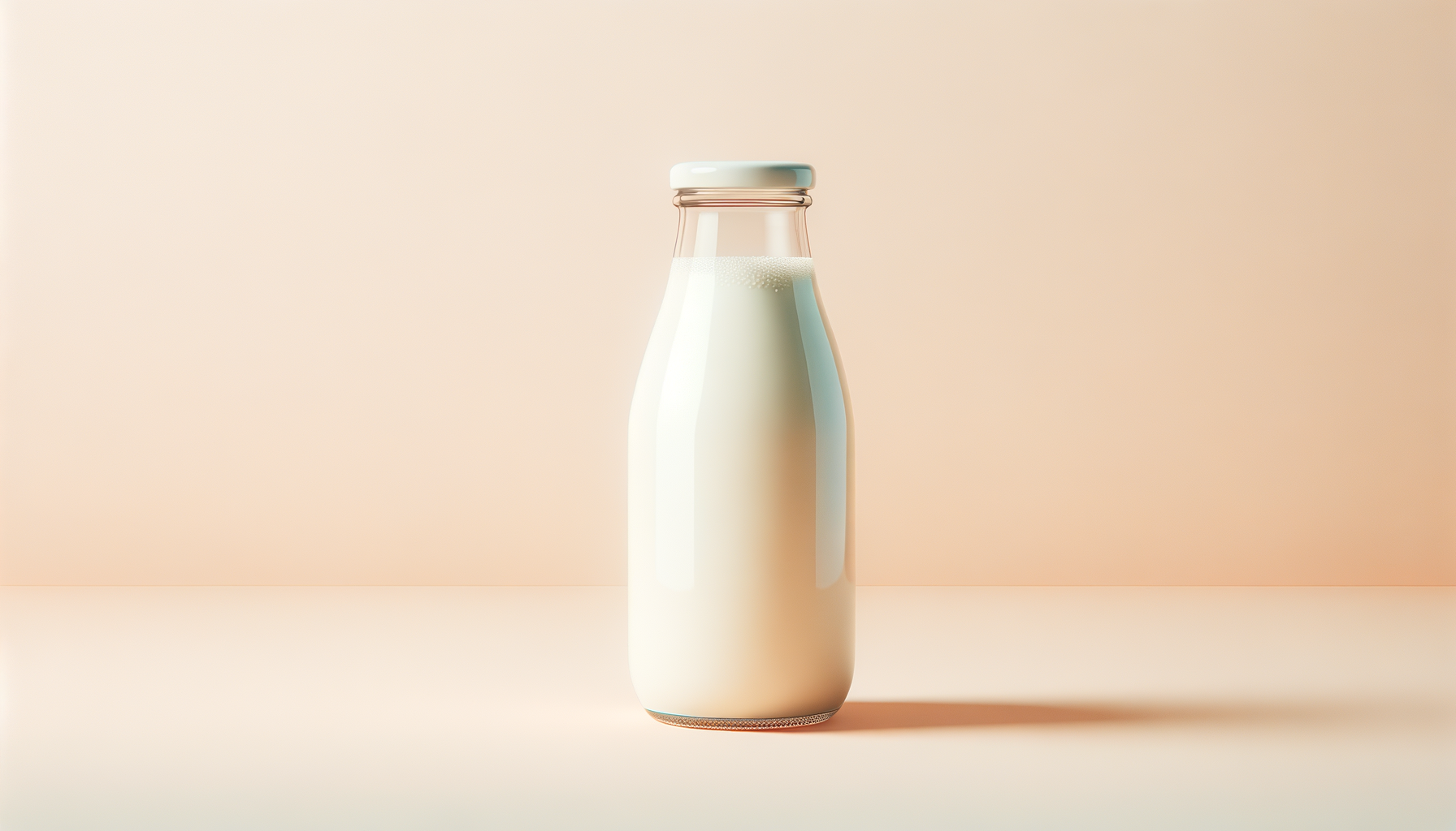 A glass bottle filled with milk, placed on a light pink background.