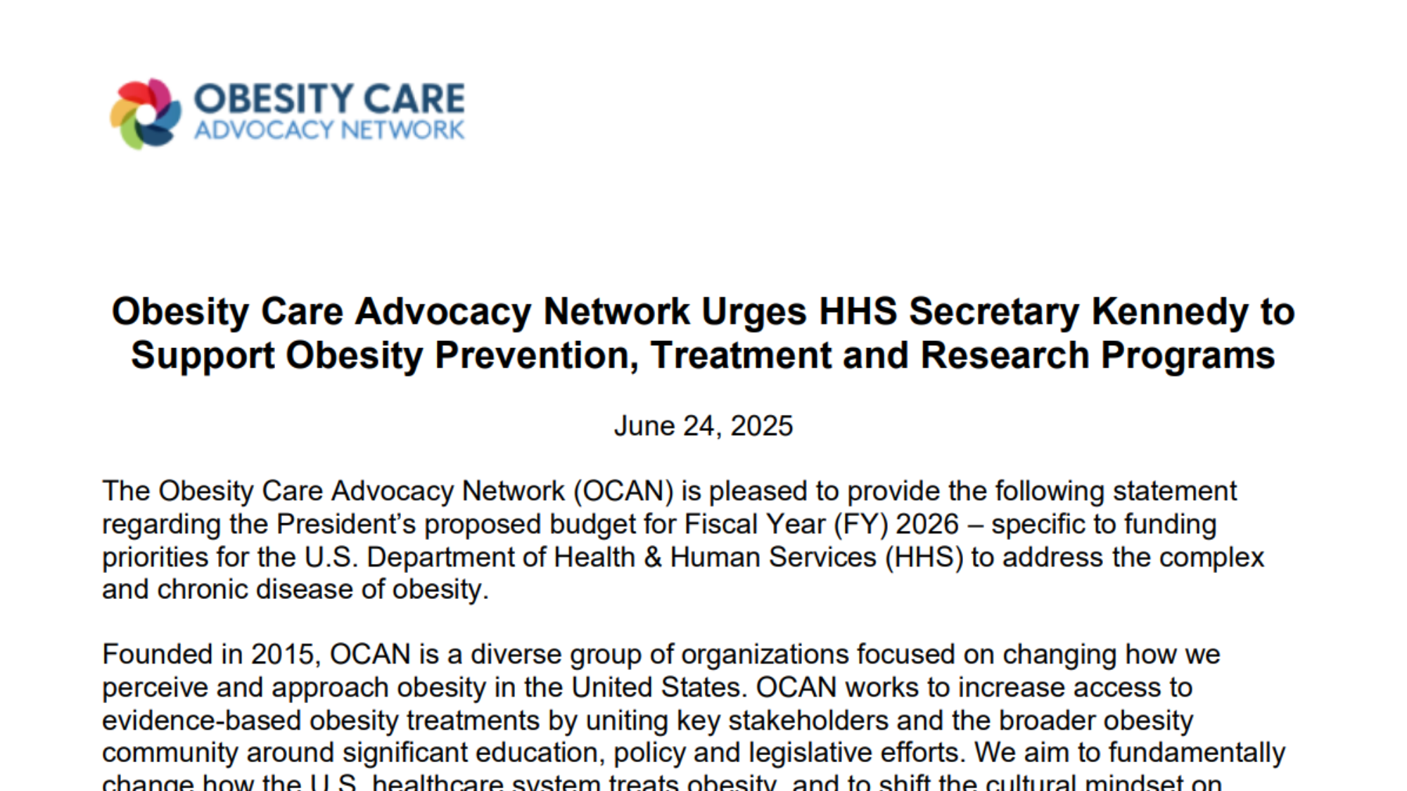 Obesity Care Advocacy Network Urges HHS Secretary Kennedy to Support Obesity Prevention, Treatment and Research Programs