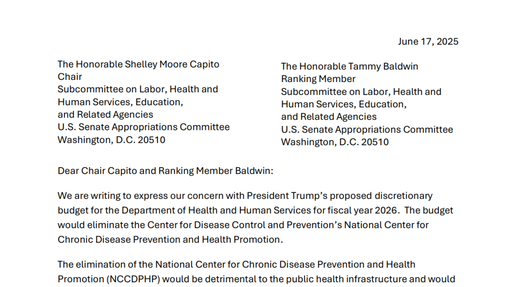 OCAN Letter to Senate HHS Appropriations Regarding the Proposed Elimination of DNPAO