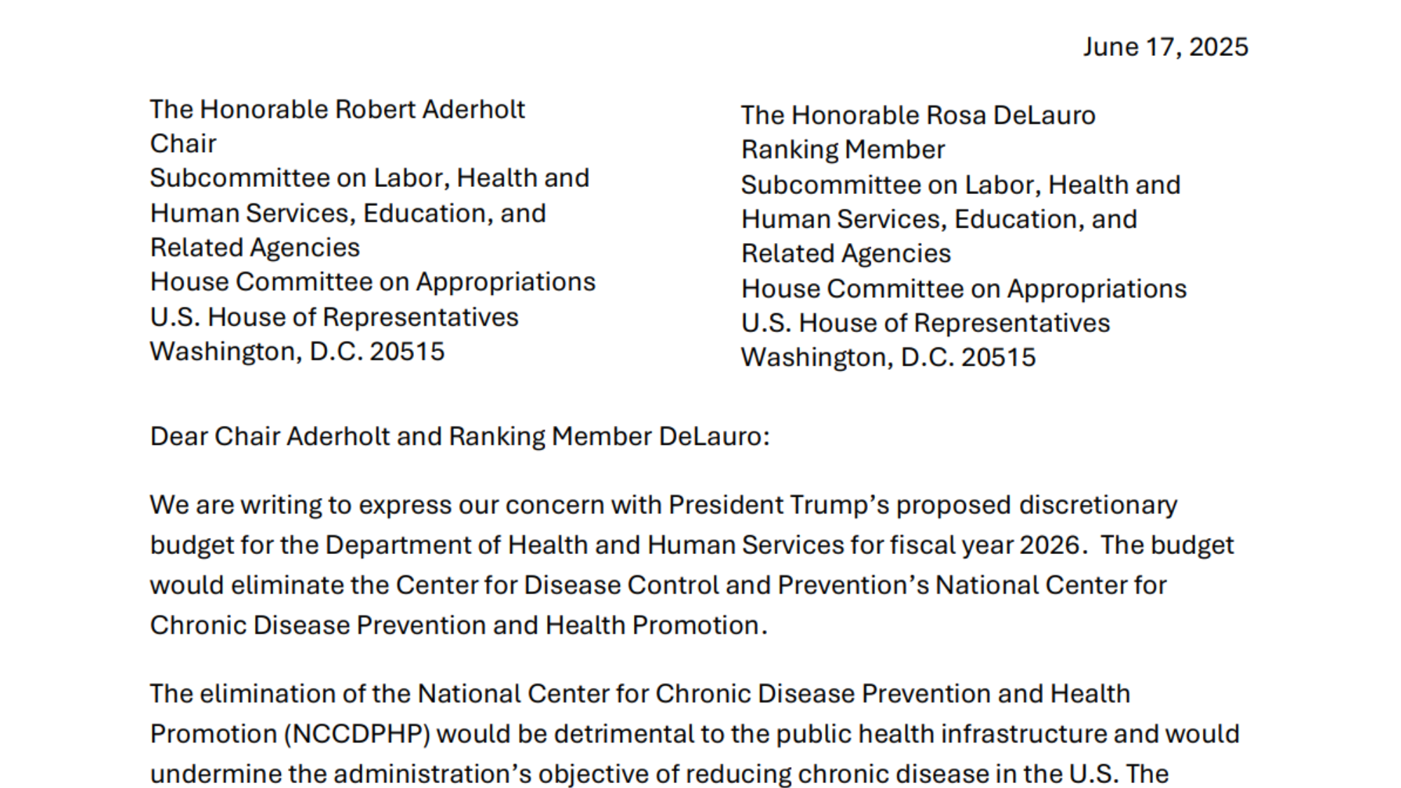 OCAN Letter to House HHS Appropriations Regarding the Proposed Elimination of DNPAO