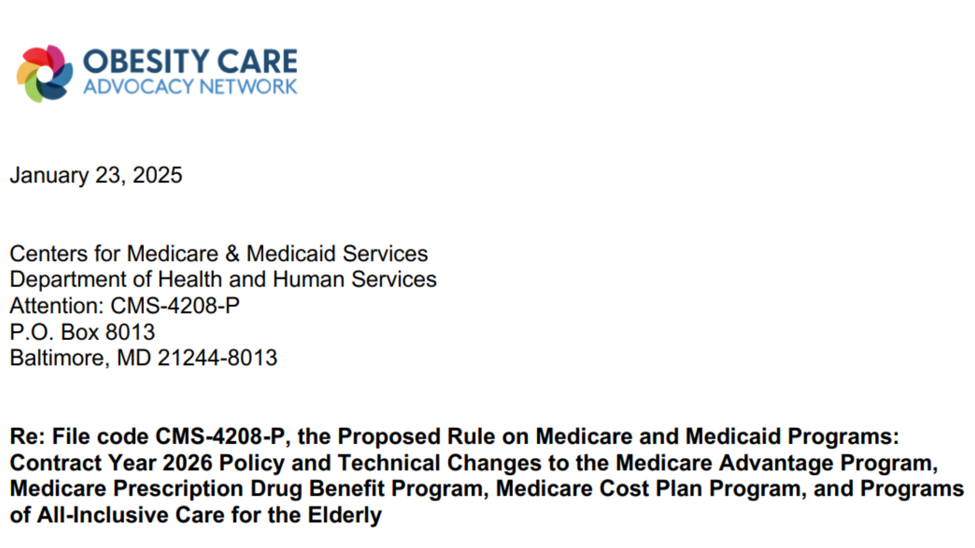 Obesity Care Advocacy Network Comments on CMS Rule on Coverage of Obesity Medications