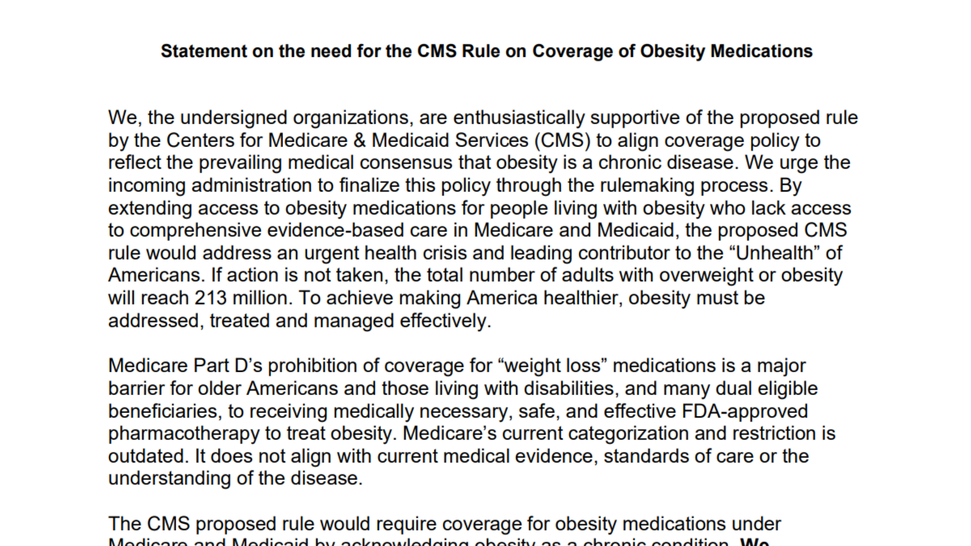 More than 70 organizations urge the Trump administration to finalize the CMS proposed rule to extend access to obesity medications for people in Medicare and Medicaid.
