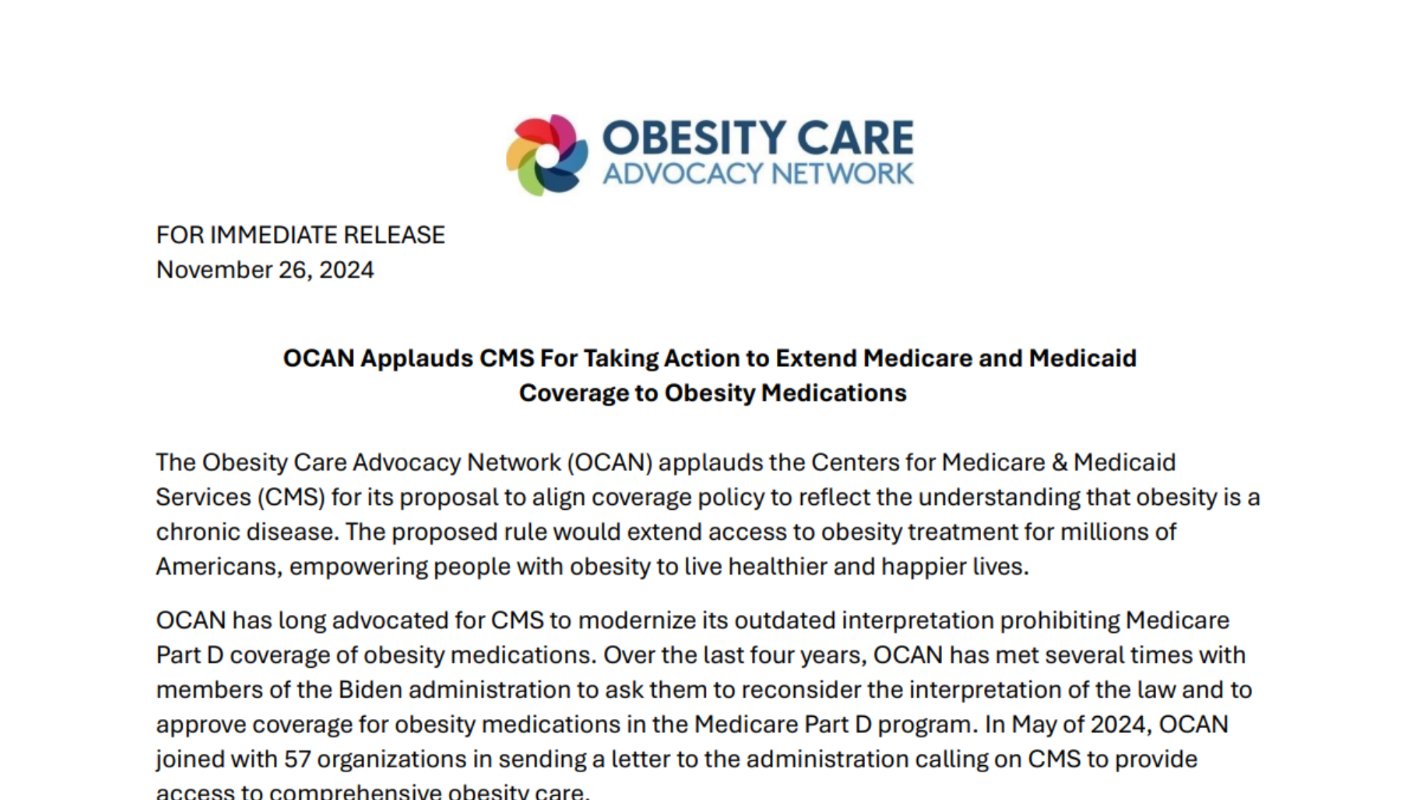 OCAN Applauds CMS For Taking Action to Extend Medicare and Medicaid Coverage to Obesity Medications