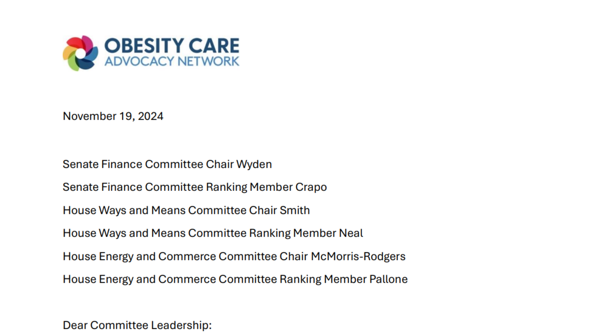 OCAN Letter Urging Inclusion of TROA in Any Year-End Health Package