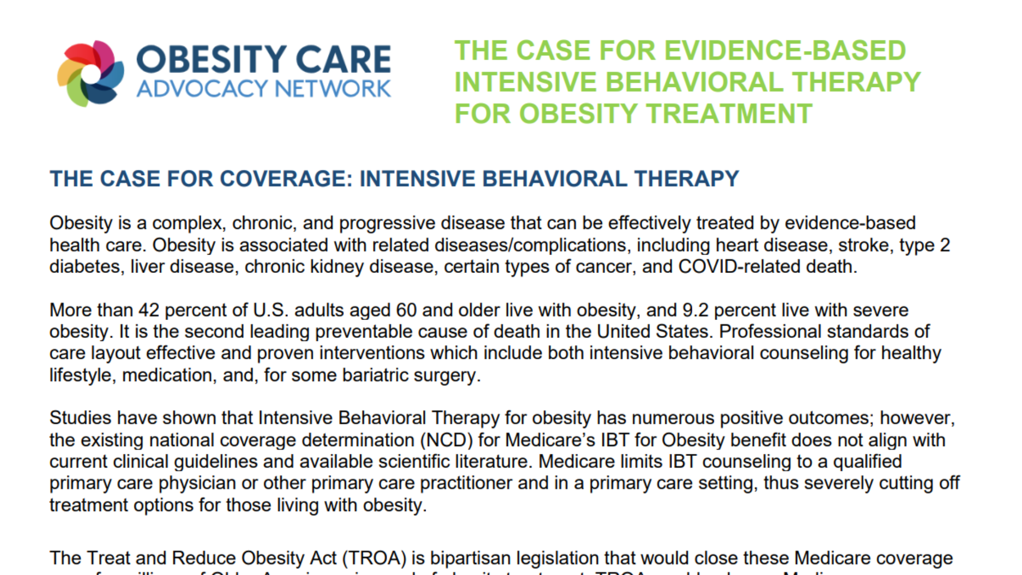 OCAN Fact Sheet: The Case for Evidence-Based Intensive Behavioral Therapy for Obesity Treatment