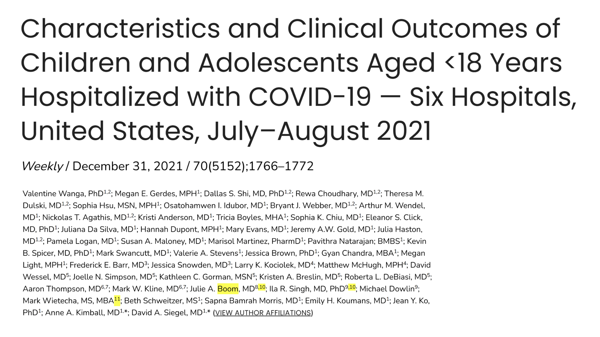 Characteristics and Clinical Outcomes of Children and Adolescents Aged <18 Years Hospitalized with COVID-19 — Six Hospitals, United States, July–August 2021