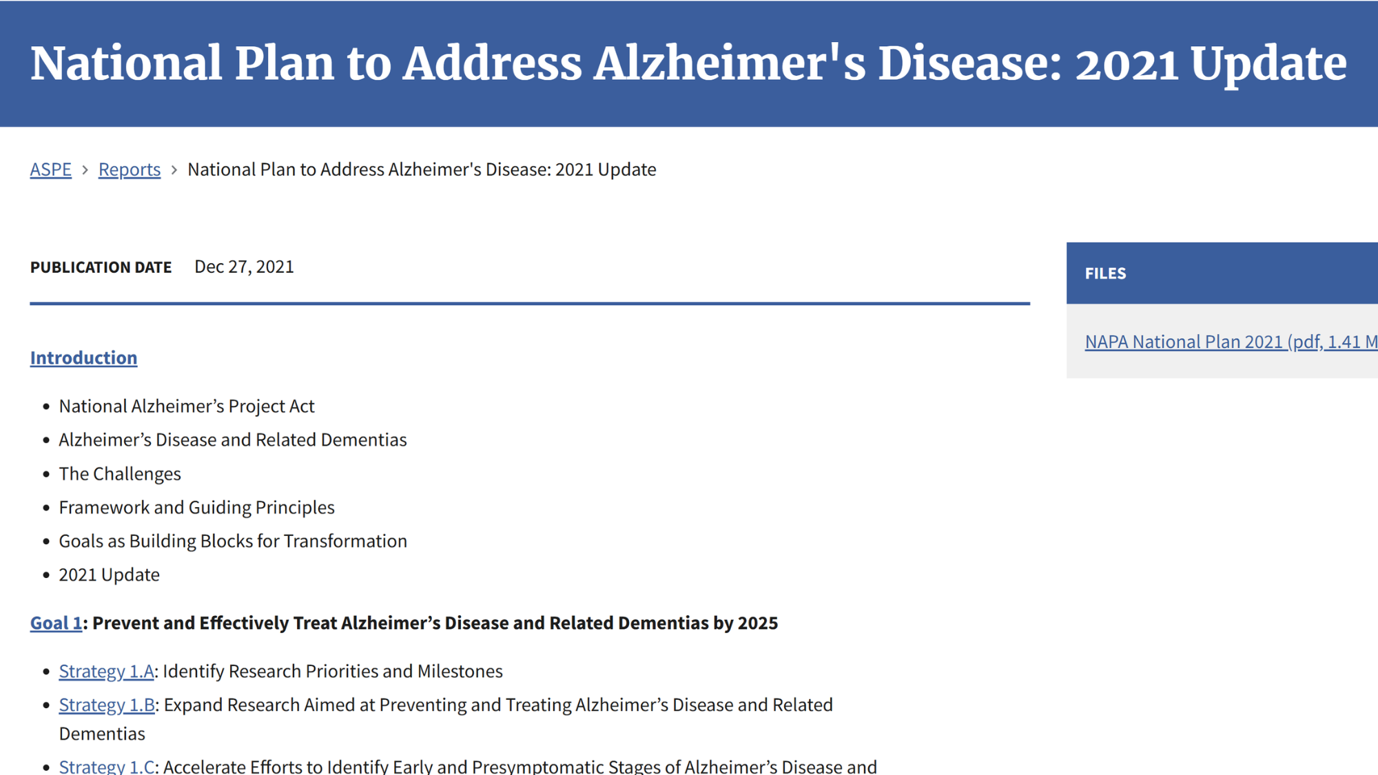 Report: National Plan to Address Alzheimer's Disease: 2021 Update