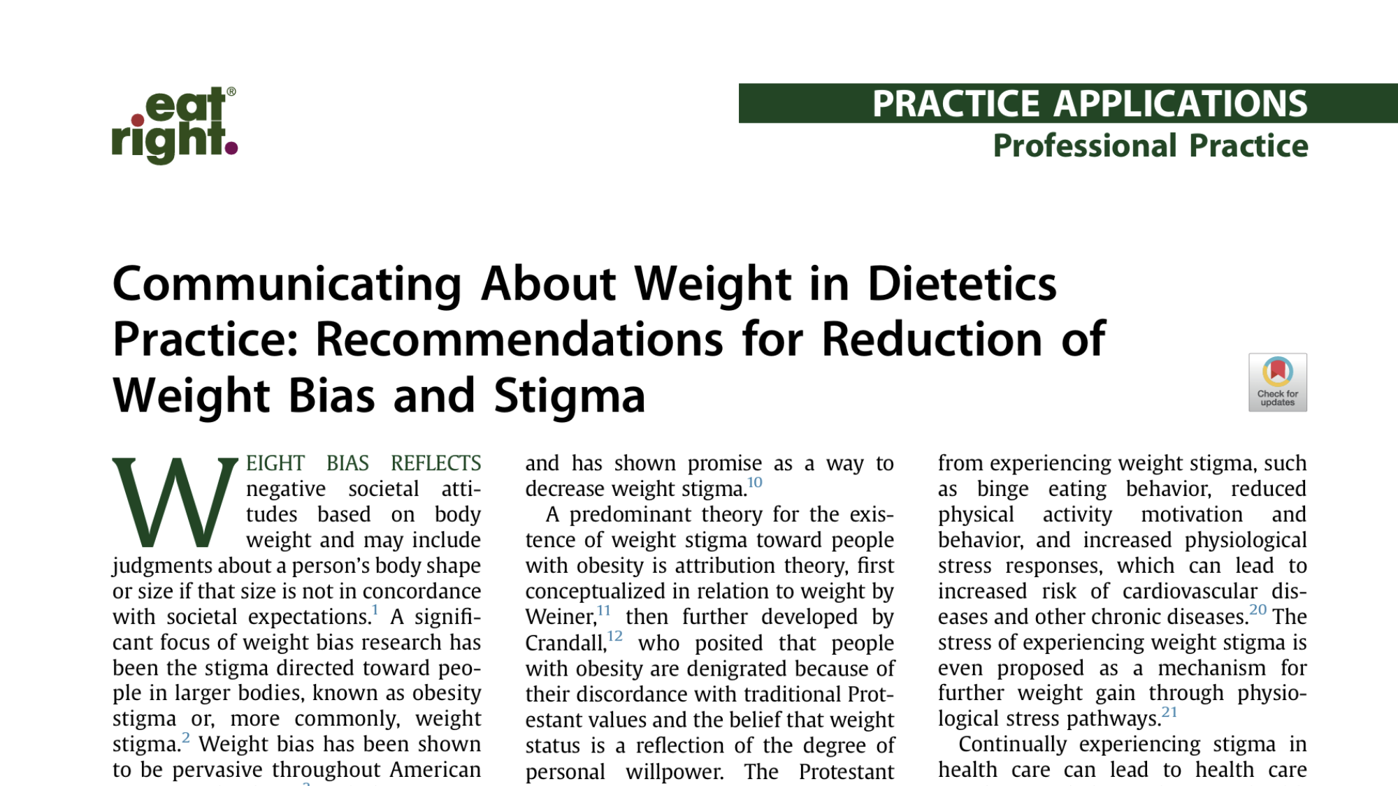 Communicating About Weight in Dietetics Practice: Recommendations for Reduction of Weight Bias and Stigma