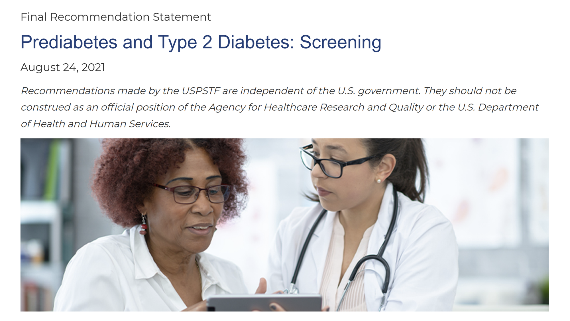 USTPF Final Recommendation Statement: Screening for Prediabetes and Type 2 Diabetes