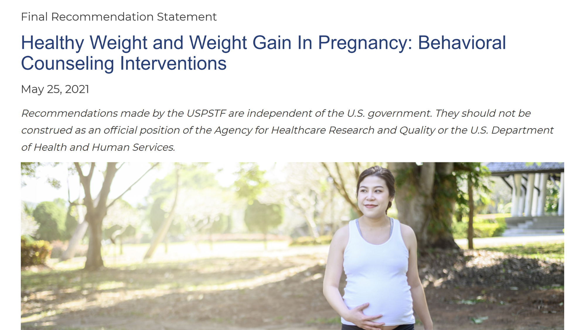 USPSTF Final Recommendation Statement: Healthy Weight and Weight Gain In Pregnancy: Behavioral Counseling Interventions