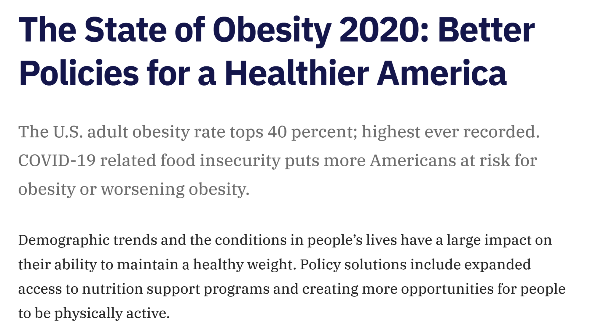 Report: The State of Obesity 2020: Better Policies for a Healthier America