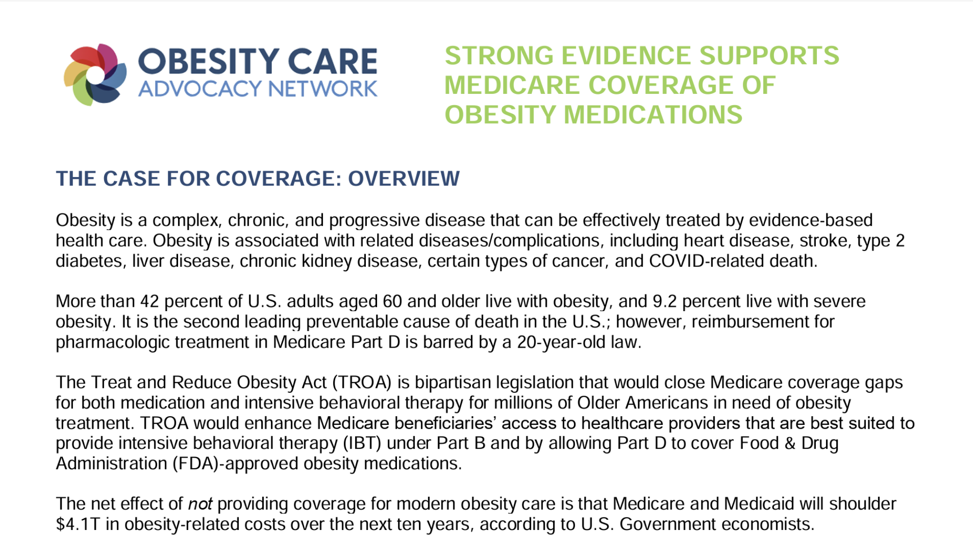 OCAN Fact Sheet: Strong Evidence Supports Medicare Coverage of Obesity Medications